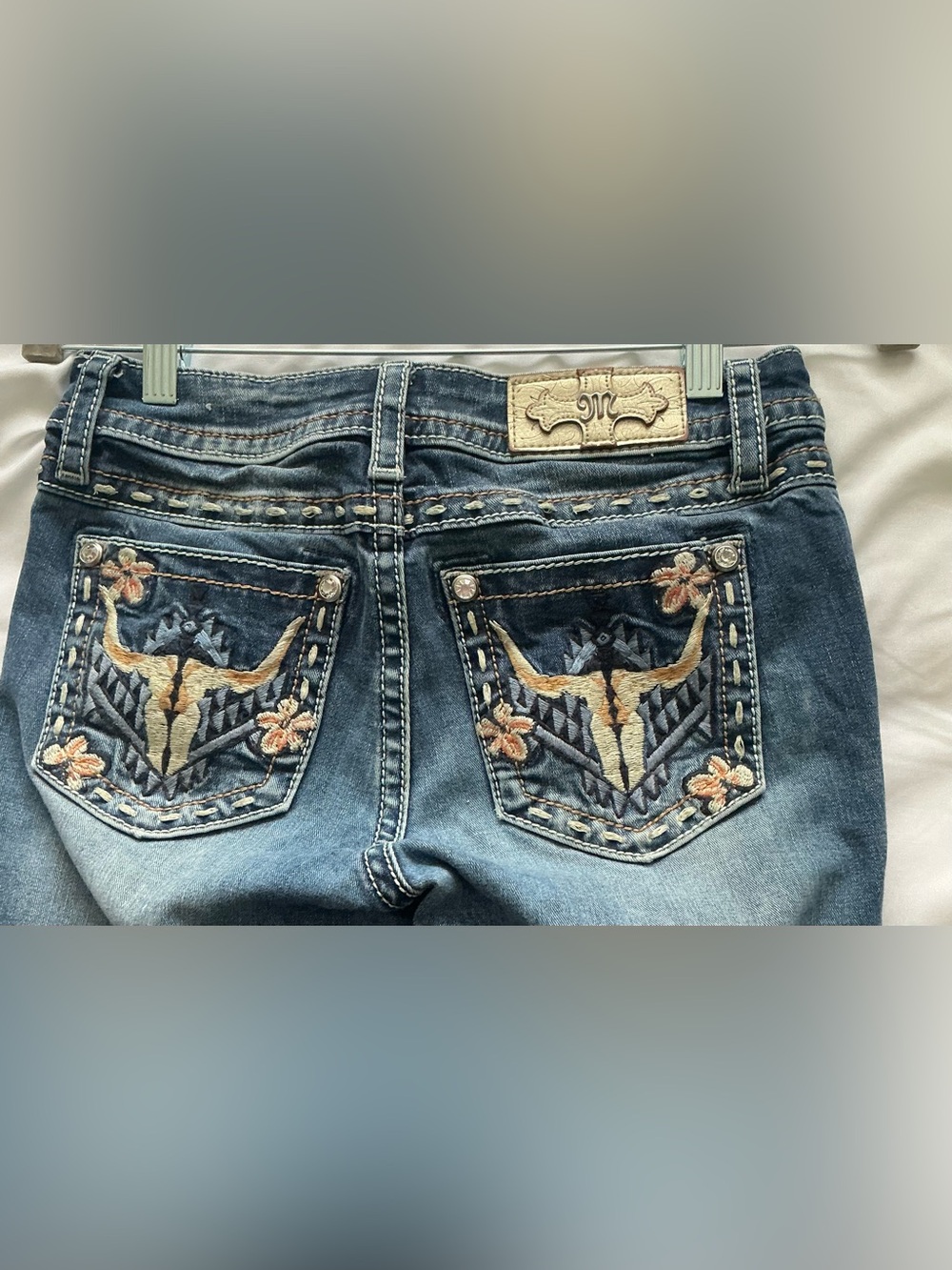 MISS ME "Chloe Boot" Western Boho Longhorn Skull Bootcut Flare Jeans 27/34